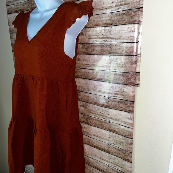 Terracotta eyelet embroidered cap sleeve V-neck high waist smock dress Sz S - Picture 11 of 12